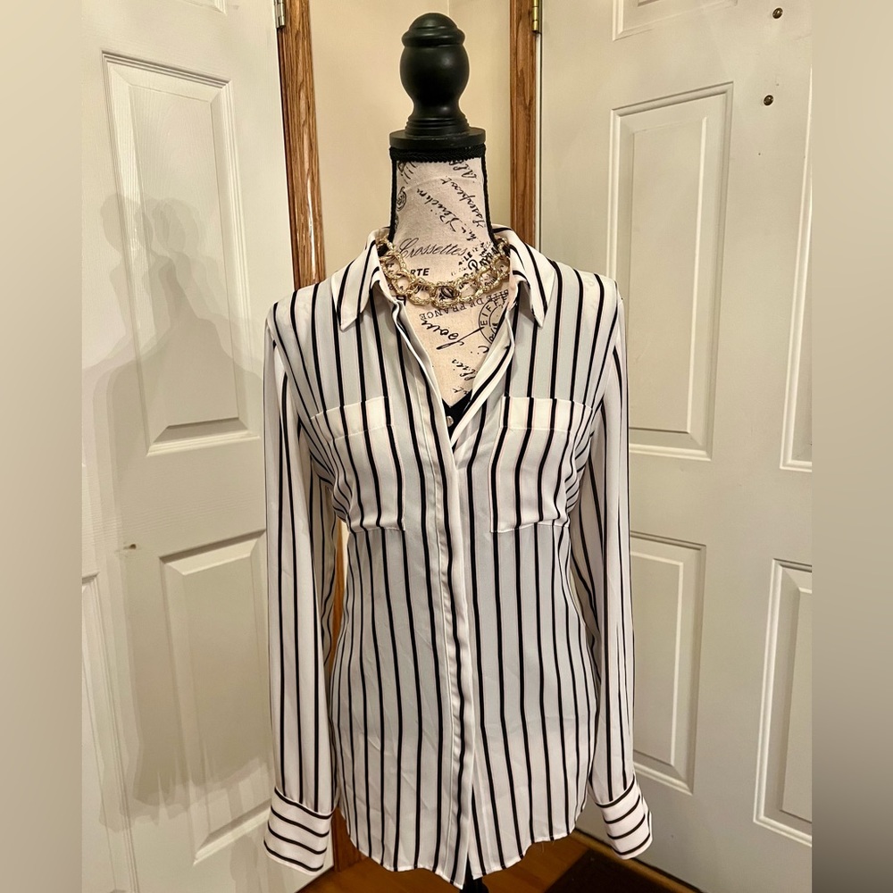 White House Black Market White Button-Down Shirt with Black Stripes